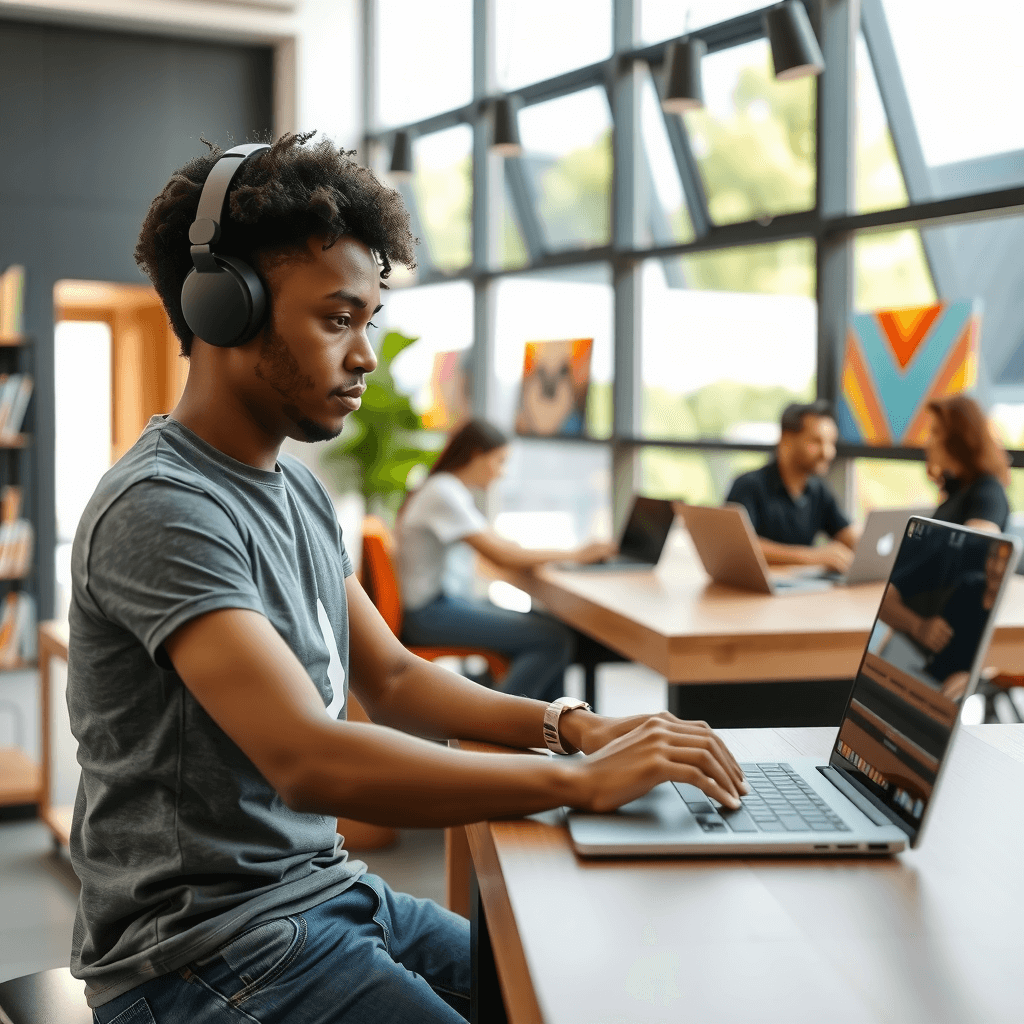Young Afro-Latinx man coding at laptop in co-working space, headphones on, casual startup vibe