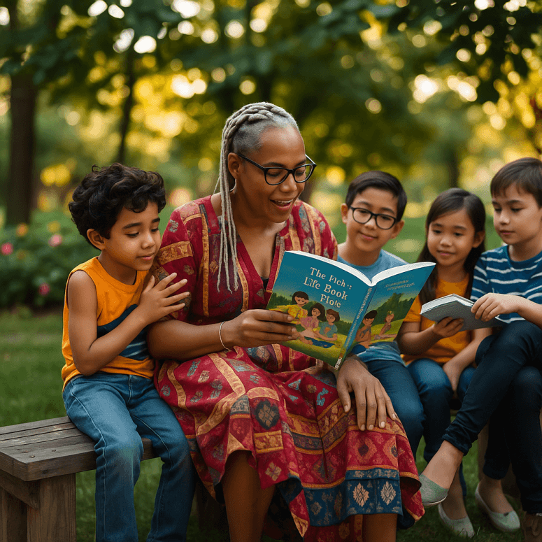Community elder teaching language to children, open-air setting
