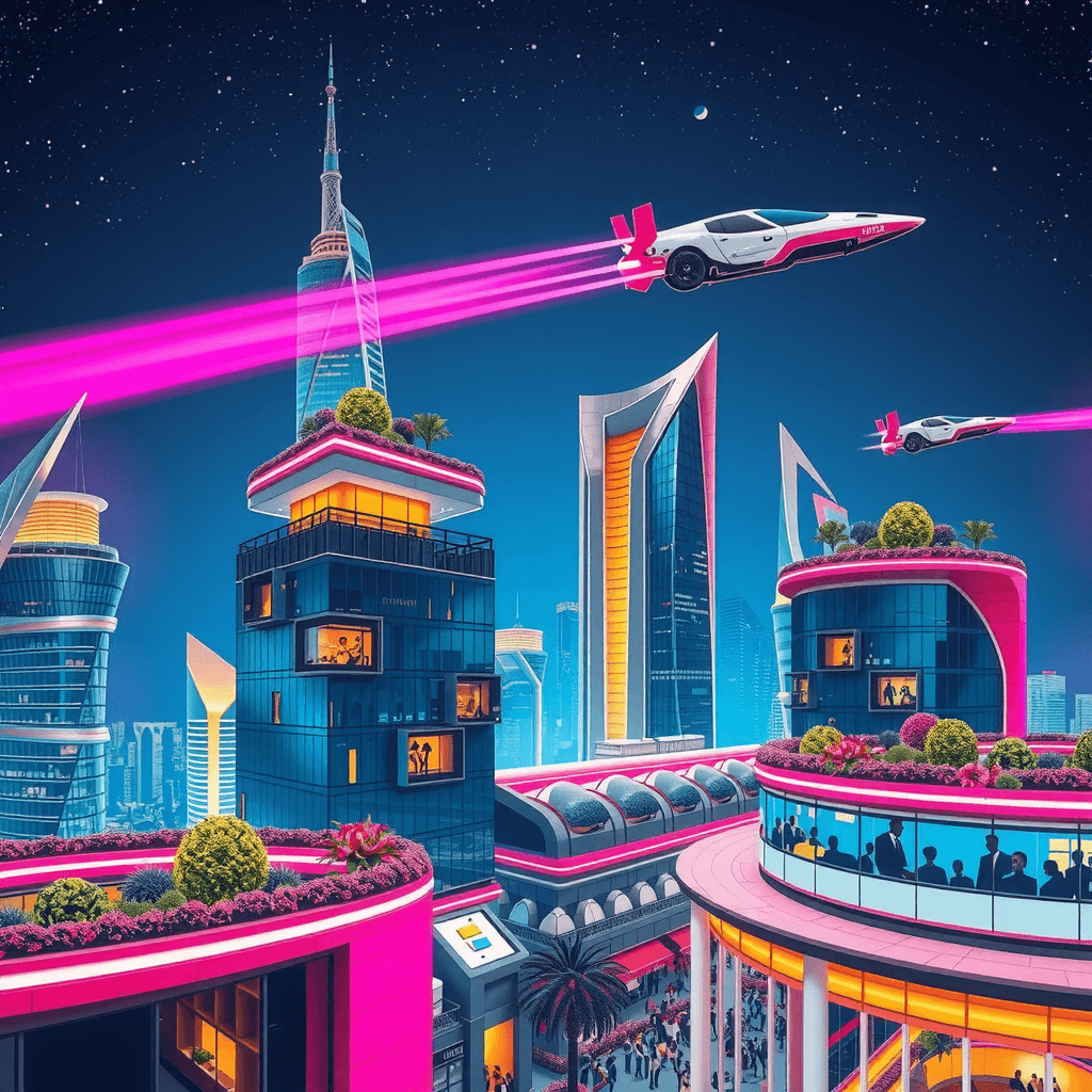 Afro-futuristic cityscape with flying cars and rooftop gardens, night scene