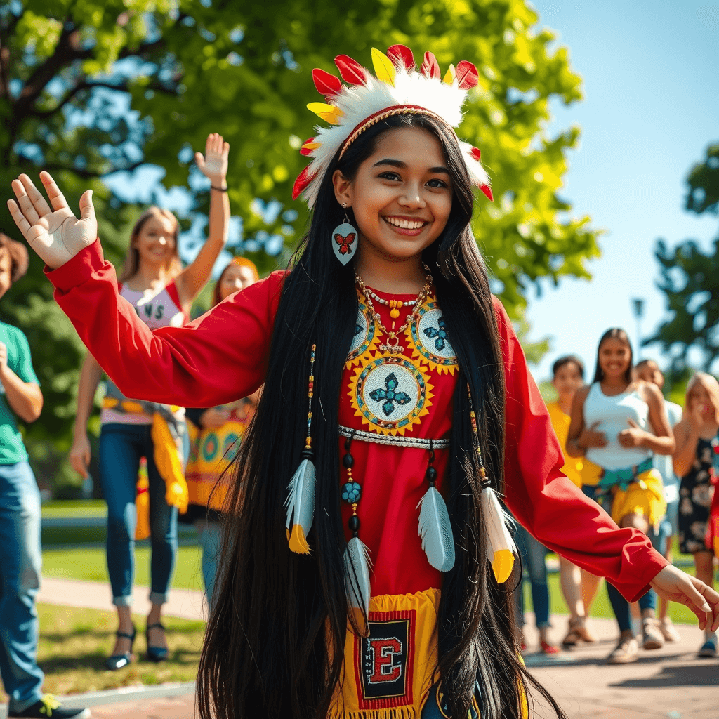 Indigenous teen dancing in regalia, outdoor celebration, community pride